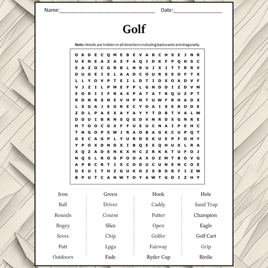 Golf Word Search Puzzle Worksheet Activity PDF