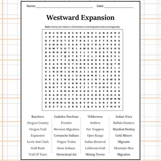 Westward Expansion Word Search Puzzle Worksheet Activity PDF