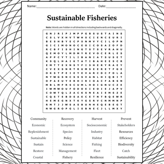 Sustainable Fisheries Word Search Puzzle Worksheet Activity PDF