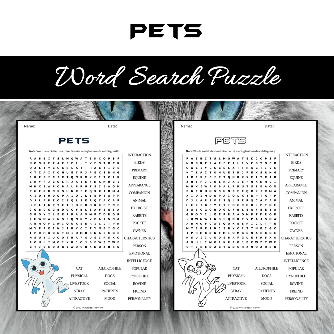 Pets Word Search Puzzle Worksheet PDF