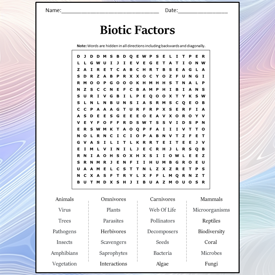 Biotic Factors Word Search Puzzle Worksheet Activity PDF