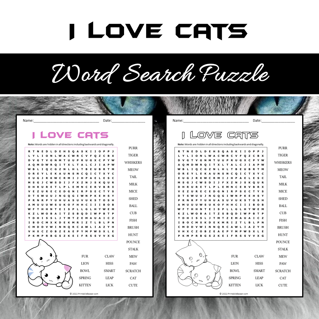 I Love Cats Word Search Puzzle Worksheet PDF