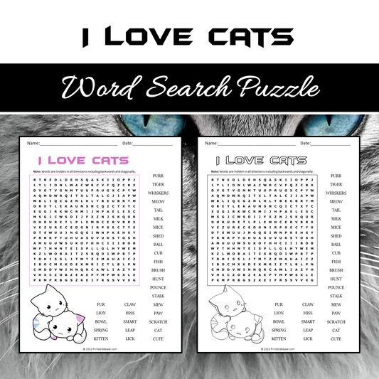 I Love Cats Word Search Puzzle Worksheet PDF