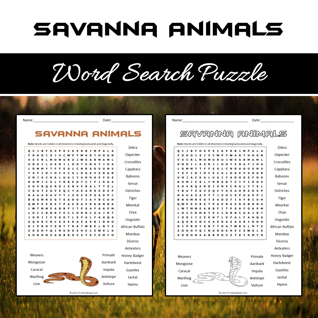 Savanna Animals Word Search Puzzle Worksheet PDF