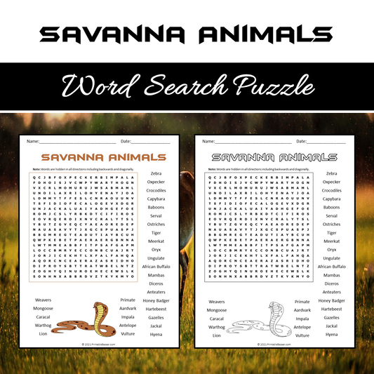 Savanna Animals Word Search Puzzle Worksheet PDF