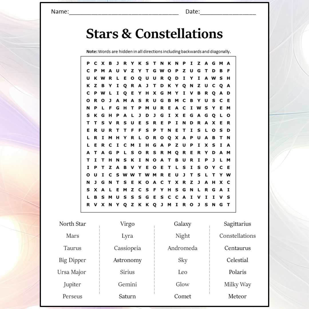 Stars & Constellations Word Search Puzzle Worksheet Activity PDF