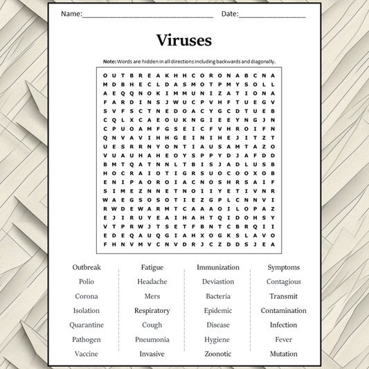 Viruses Word Search Puzzle Worksheet Activity PDF