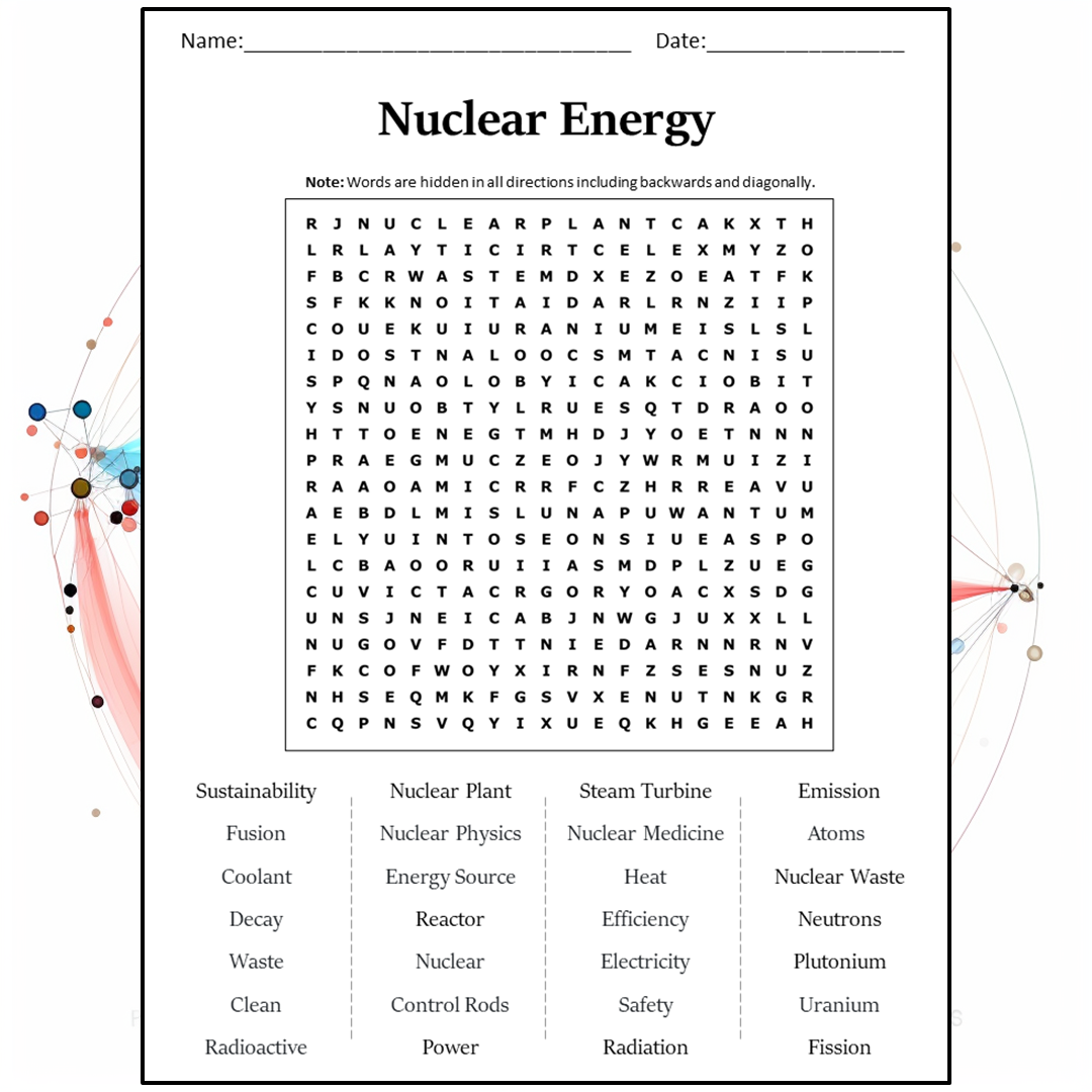 Nuclear Energy Word Search Puzzle Worksheet Activity PDF – PrintableBazaar