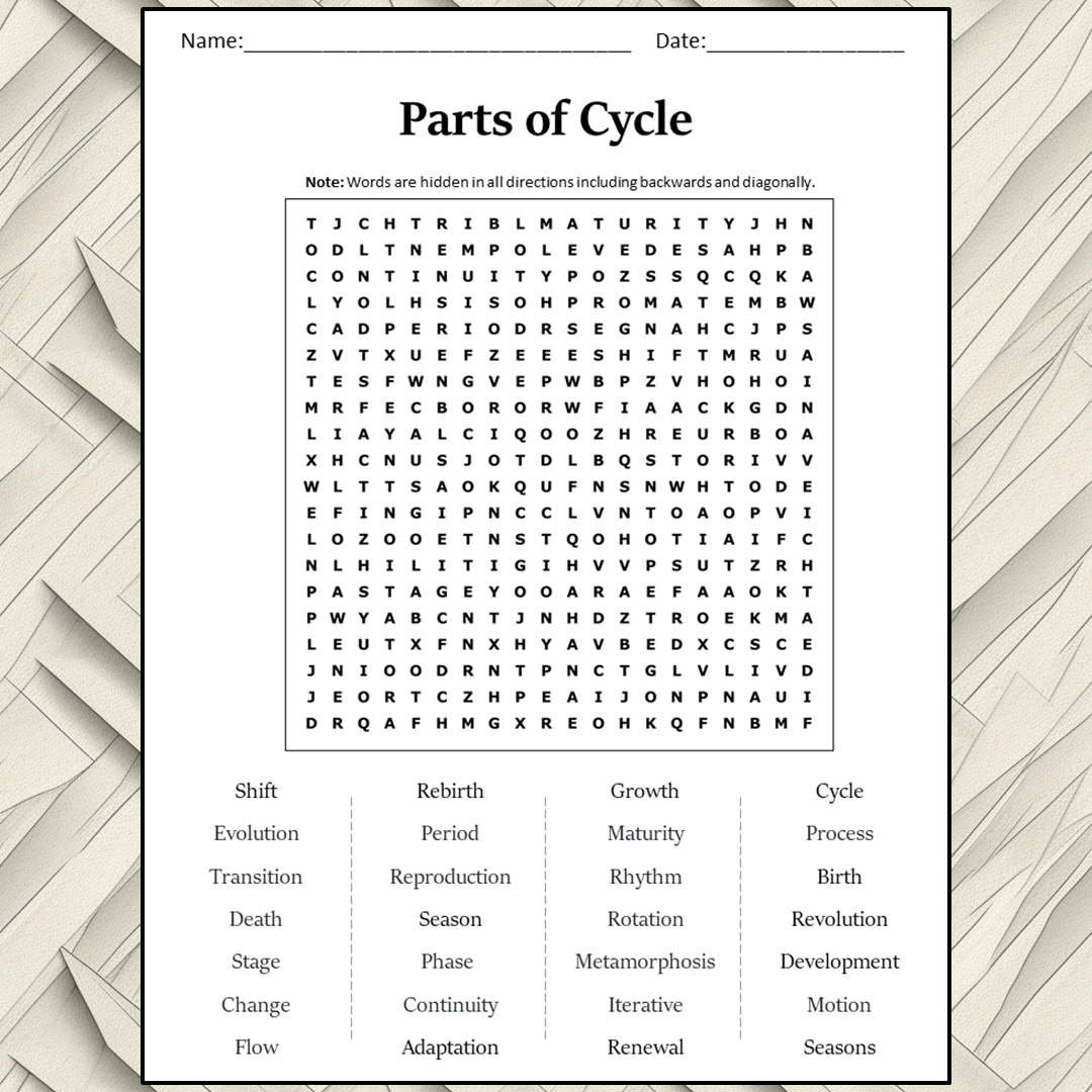 Parts Of Cycle Word Search Puzzle Worksheet Activity PDF