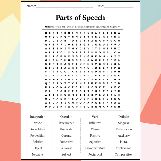 Parts Of Speech Word Search Puzzle Worksheet Activity PDF