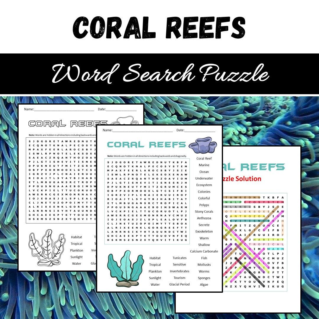 Coral Reefs Word Search Puzzle Worksheet PDF