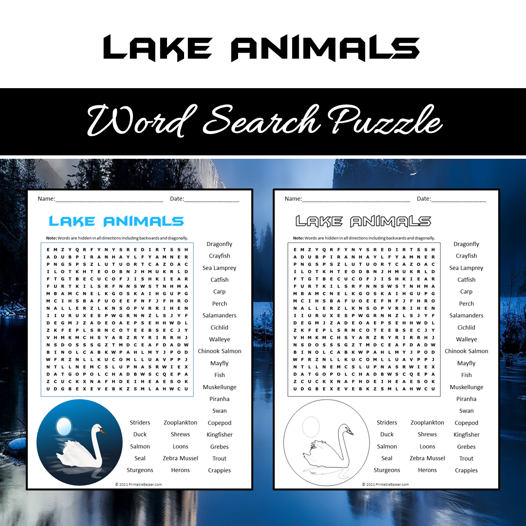 Lake Animals Word Search Puzzle Worksheet PDF
