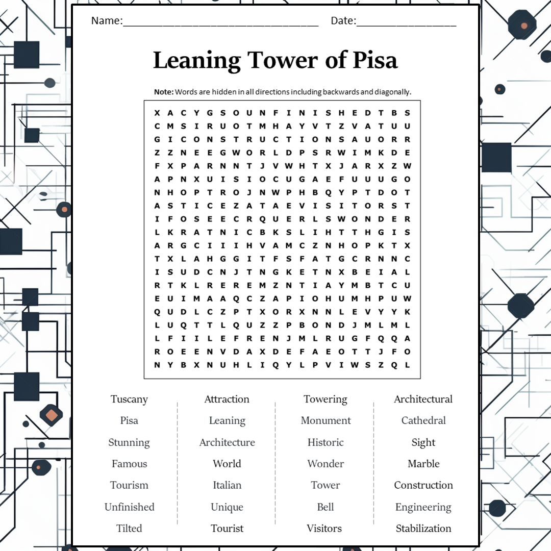 Leaning Tower Of Pisa Word Search Puzzle Worksheet Activity PDF