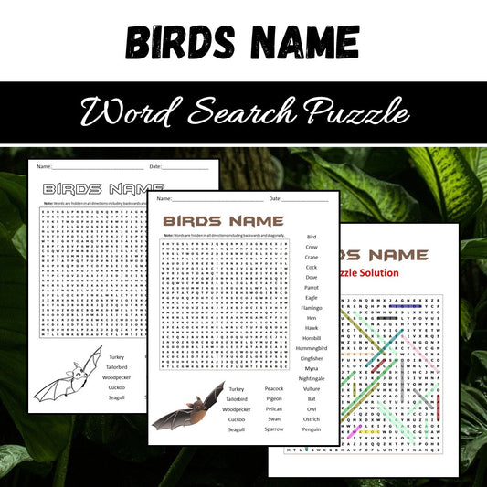 Birds Name Word Search Puzzle Worksheet PDF