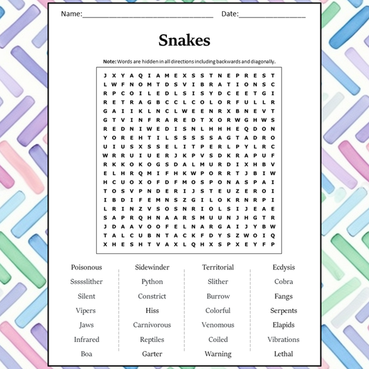 Snakes Word Search Puzzle Worksheet Activity PDF