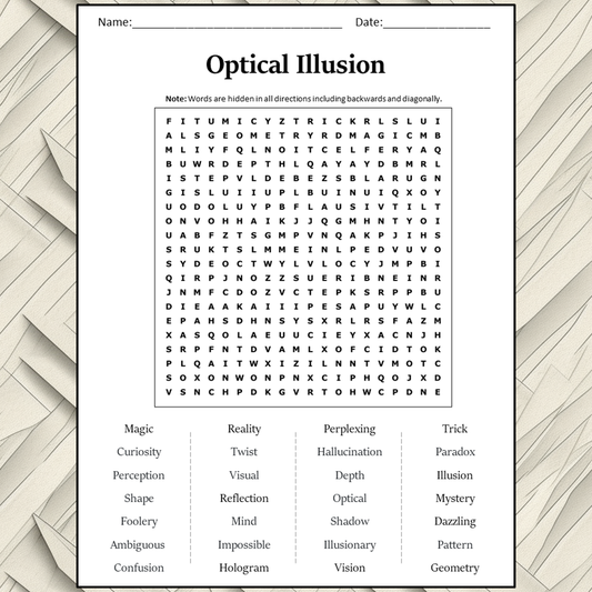 Optical Illusion Word Search Puzzle Worksheet Activity PDF