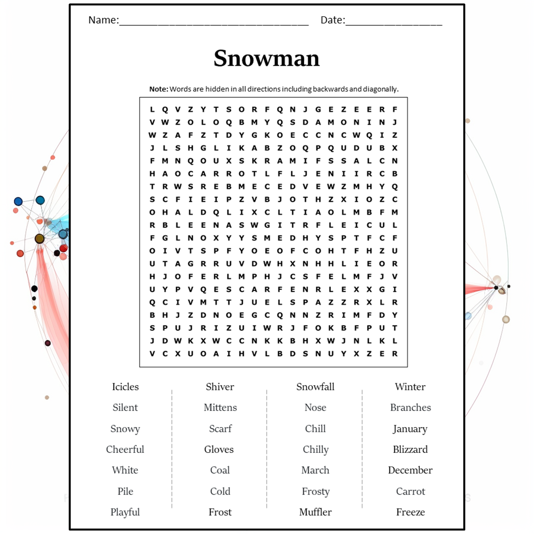 Snowman Word Search Puzzle Worksheet Activity PDF