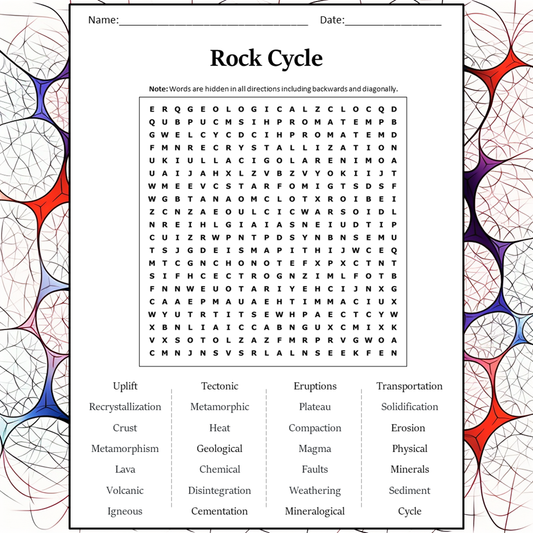 Rock Cycle Word Search Puzzle Worksheet Activity PDF