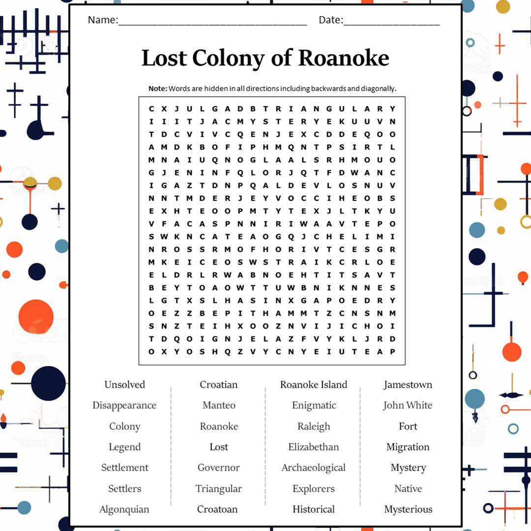 Lost Colony Of Roanoke Word Search Puzzle Worksheet Activity PDF