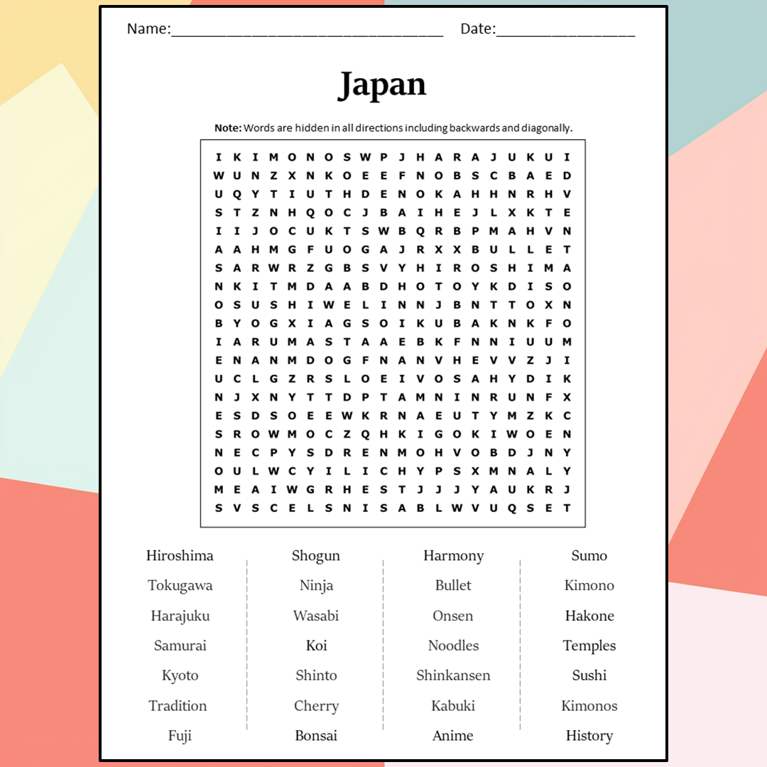 Japan Word Search Puzzle Worksheet Activity PDF