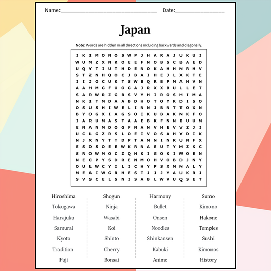 Japan Word Search Puzzle Worksheet Activity PDF