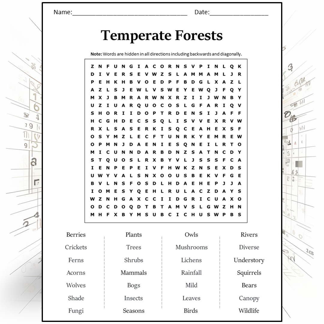 Temperate Forests Word Search Puzzle Worksheet Activity PDF