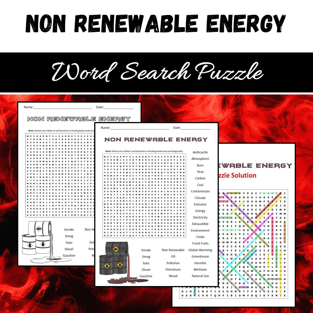 Non Renewable Energy Word Search Puzzle Worksheet PDF