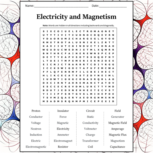 Electricity And Magnetism Word Search Puzzle Worksheet Activity PDF