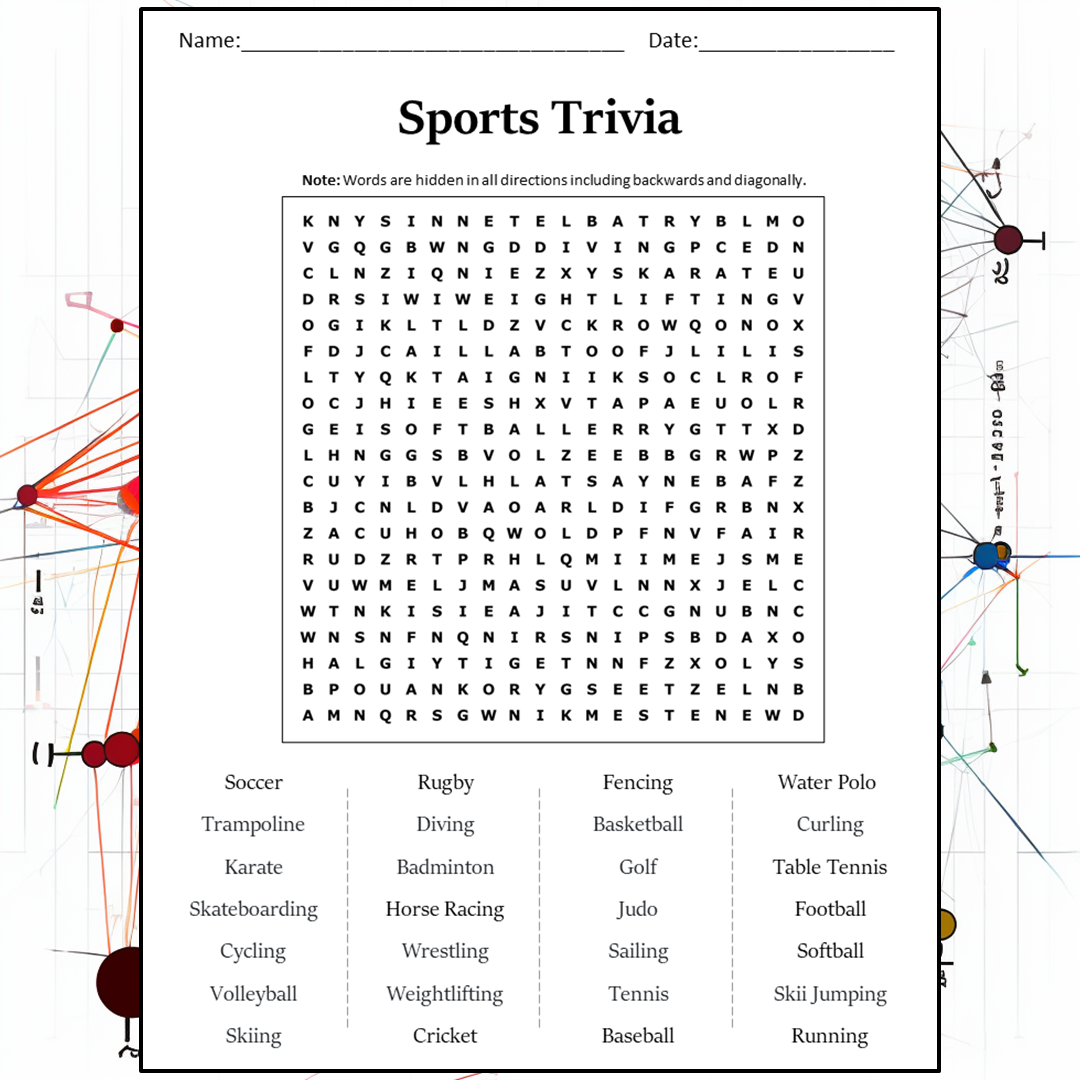 Sports Trivia Word Search Puzzle Worksheet Activity PDF
