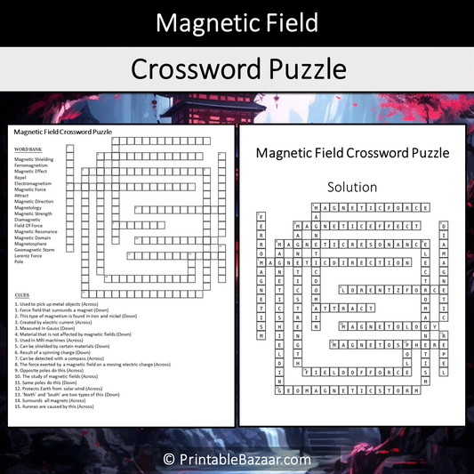 Magnetic Field Crossword Puzzle Worksheet Activity Printable PDF