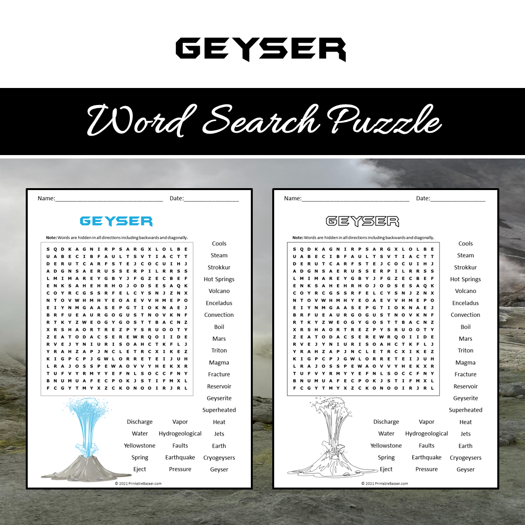 Geyser Word Search Puzzle Worksheet PDF