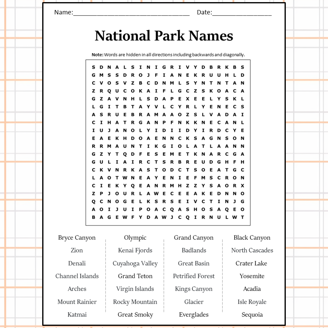 National Park Names Word Search Puzzle Worksheet Activity PDF