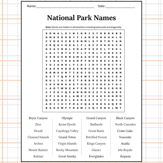 National Park Names Word Search Puzzle Worksheet Activity PDF