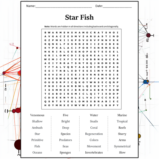 Star Fish Word Search Puzzle Worksheet Activity PDF