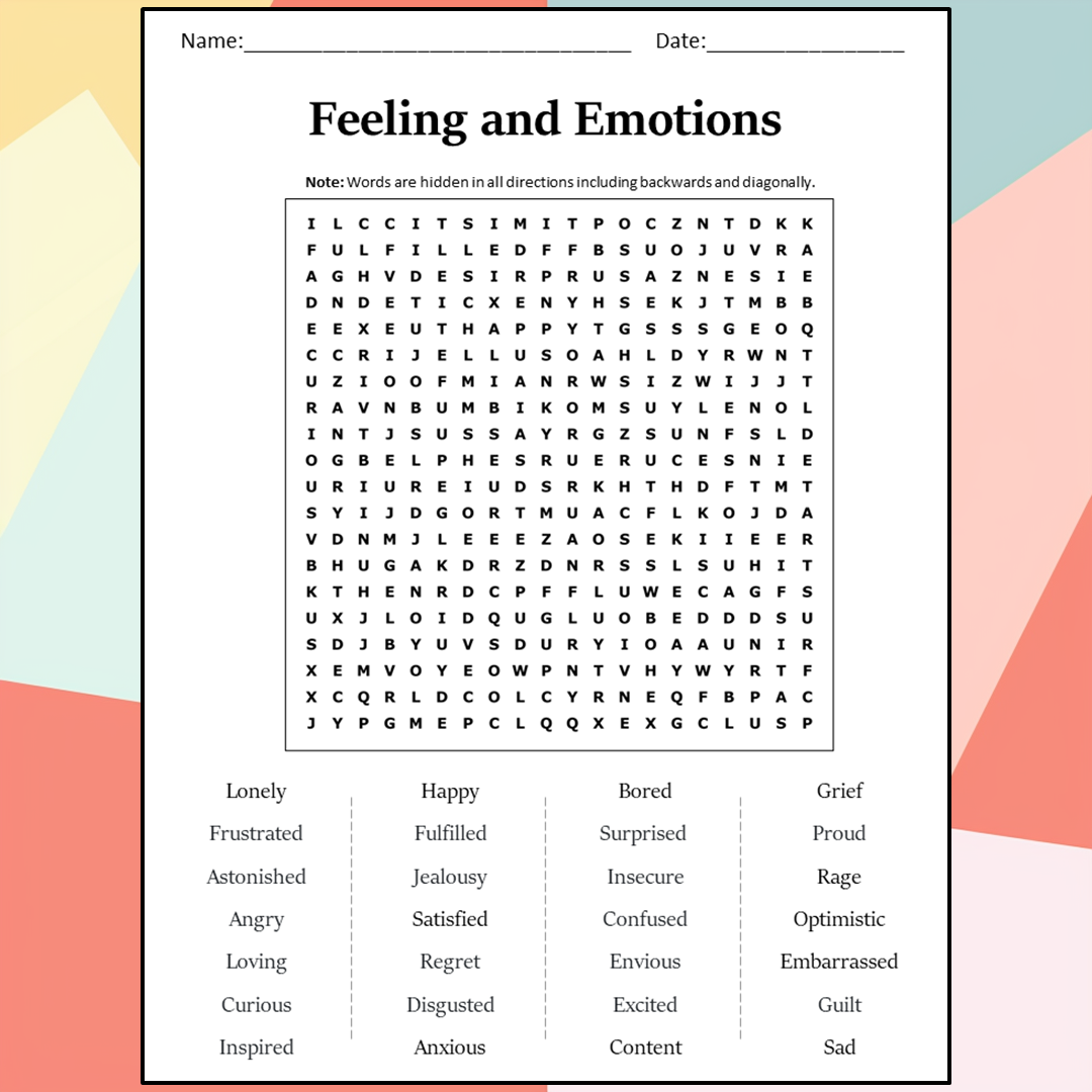 Feeling And Emotions Word Search Puzzle Worksheet Activity PDF