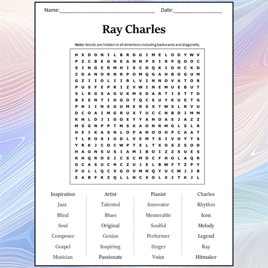 Ray Charles Word Search Puzzle Worksheet Activity PDF