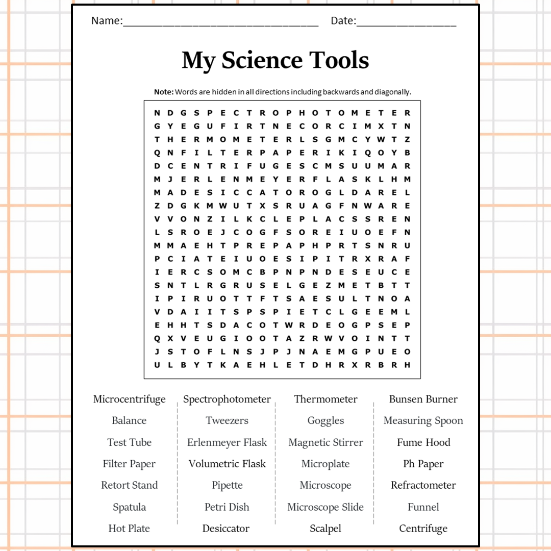 My Science Tools Word Search Puzzle Worksheet Activity PDF