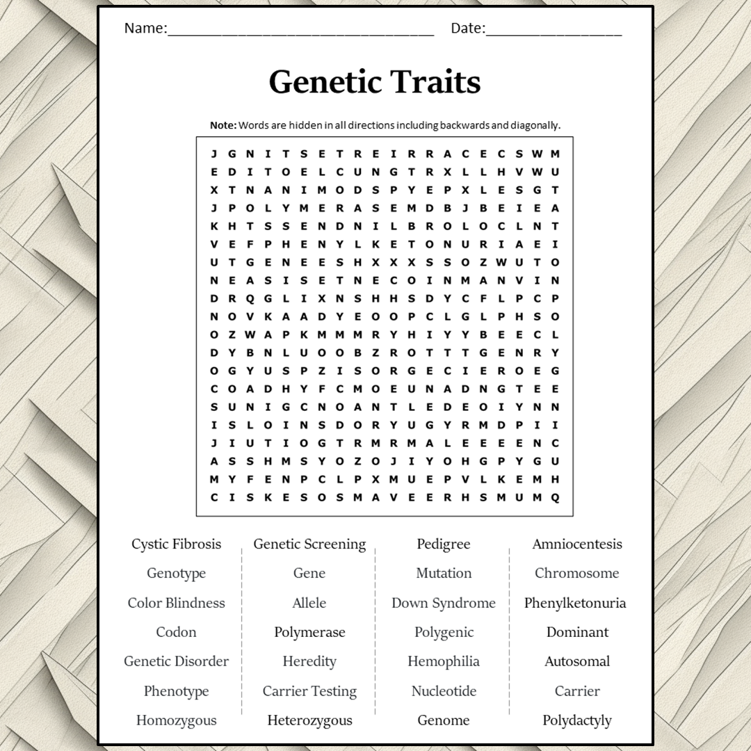 Genetic Traits Word Search Puzzle Worksheet Activity PDF