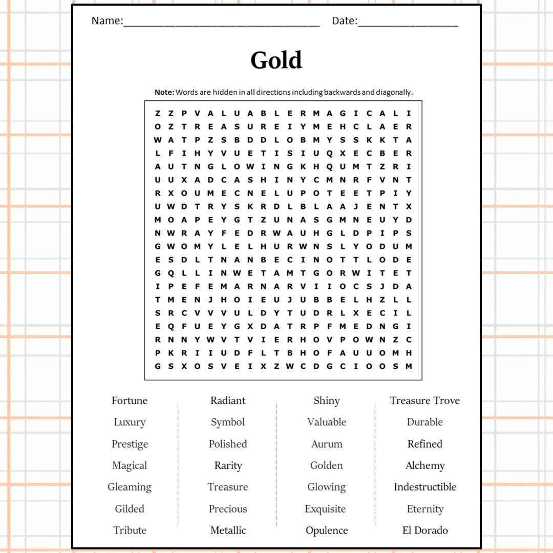 Gold Word Search Puzzle Worksheet Activity PDF