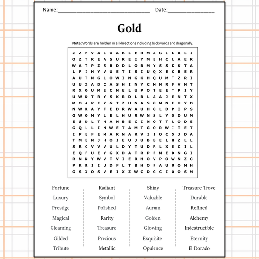 Gold Word Search Puzzle Worksheet Activity PDF