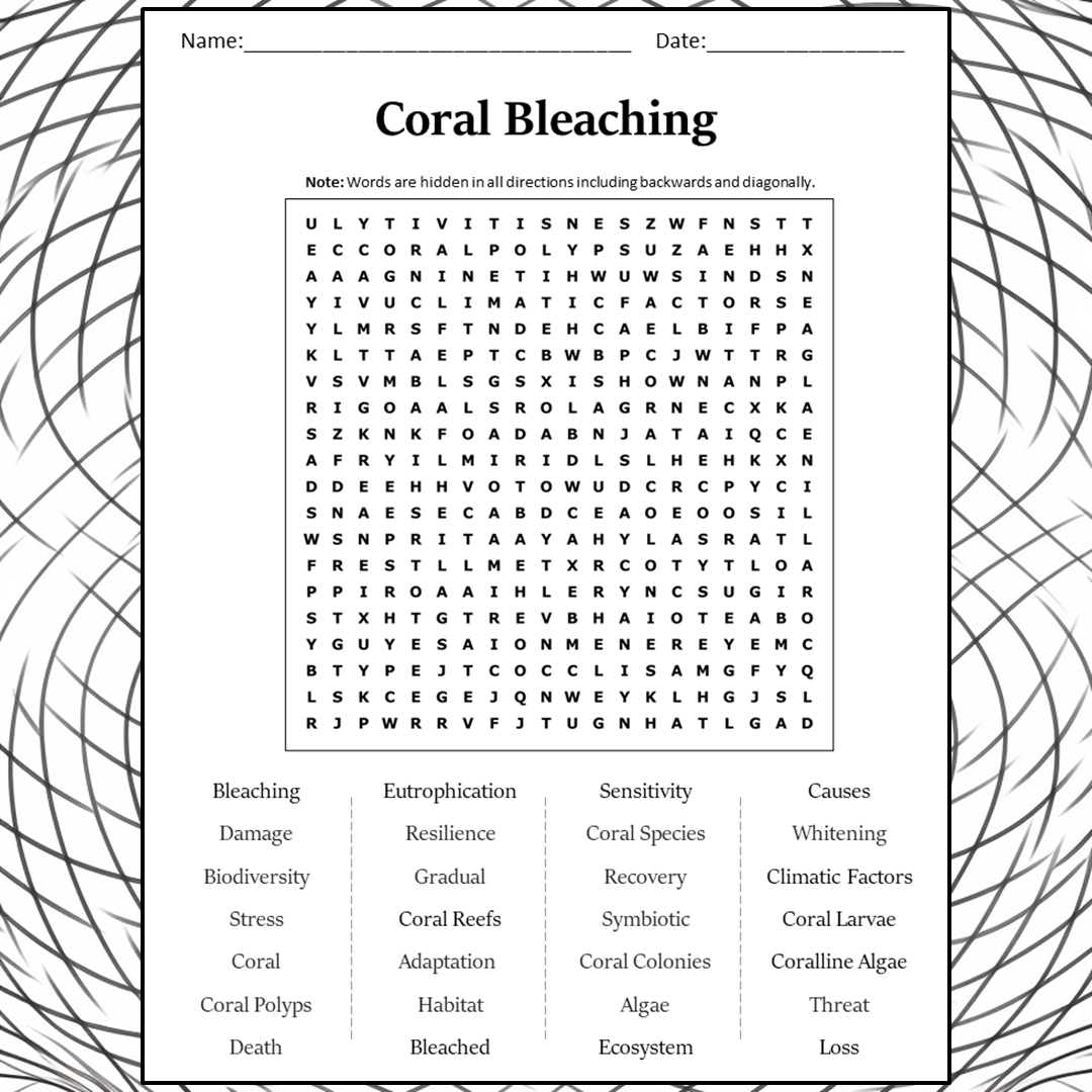 Coral Bleaching Word Search Puzzle Worksheet Activity PDF