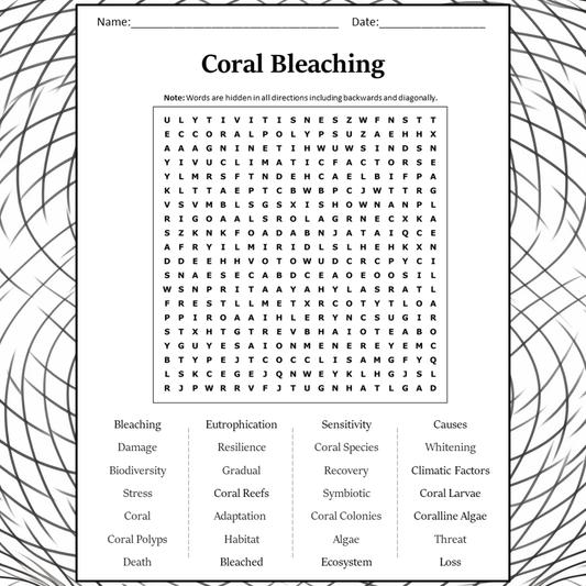 Coral Bleaching Word Search Puzzle Worksheet Activity PDF