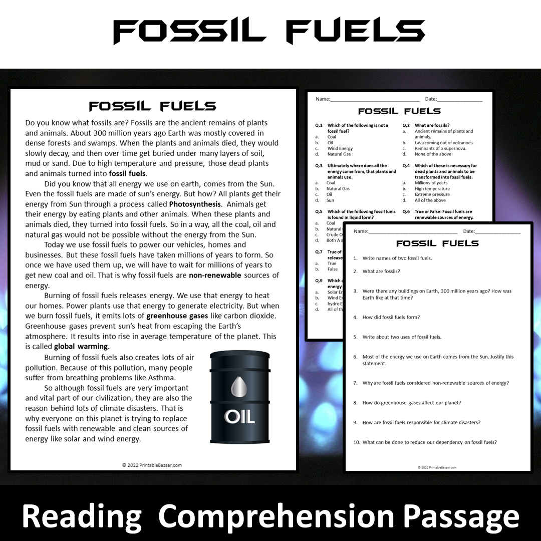 Fossil Fuels Reading Comprehension Passage and Questions | Printable PDF