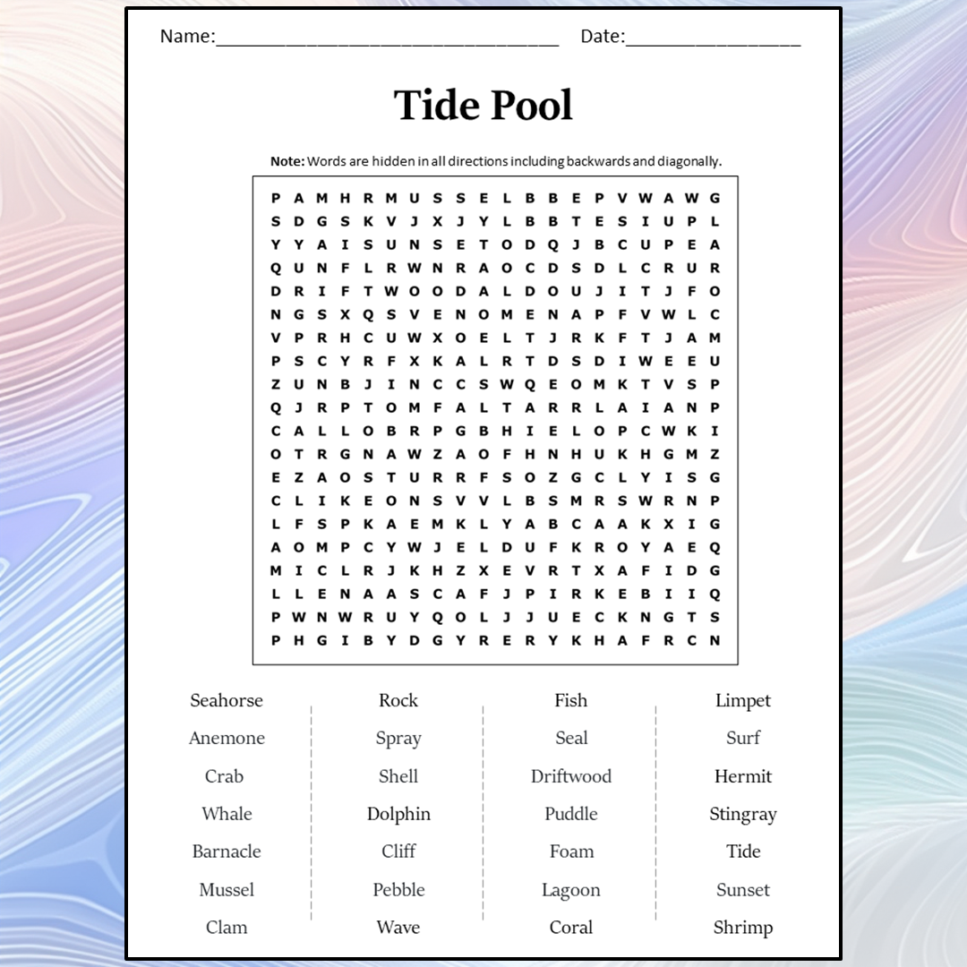 Tide Pool Word Search Puzzle Worksheet Activity PDF