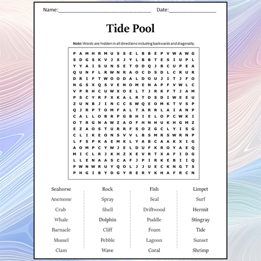 Tide Pool Word Search Puzzle Worksheet Activity PDF