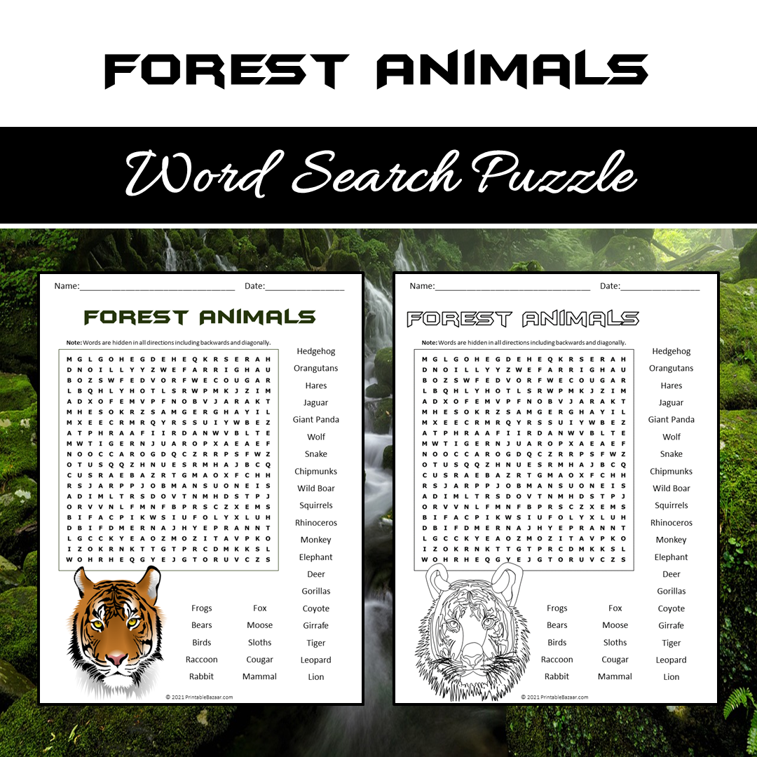 Forest Animals Word Search Puzzle Worksheet PDF