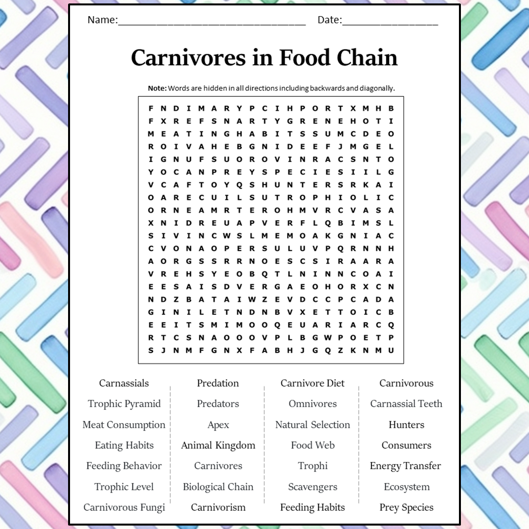 Carnivores In Food Chain Word Search Puzzle Worksheet Activity PDF