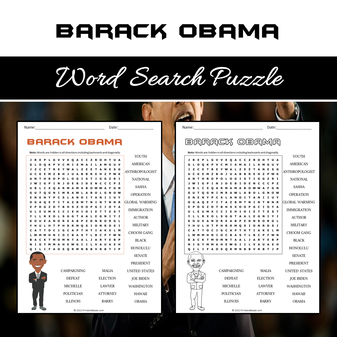 Barack Obama Word Search Puzzle Worksheet PDF