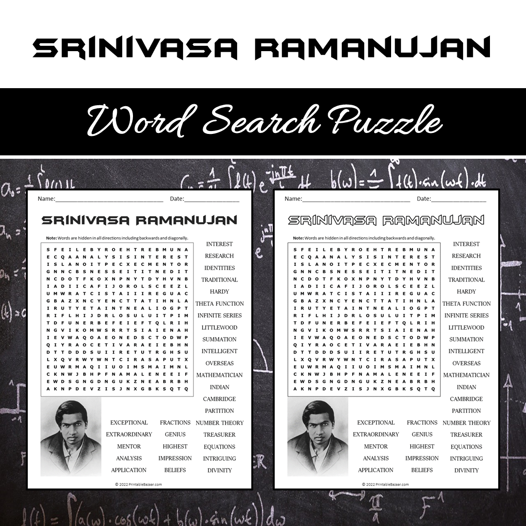 Srinivasa Ramanujan Word Search Puzzle Worksheet PDF