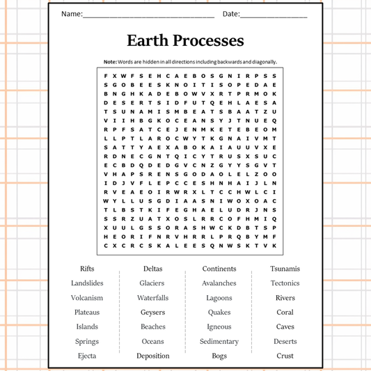 Earth Processes Word Search Puzzle Worksheet Activity PDF